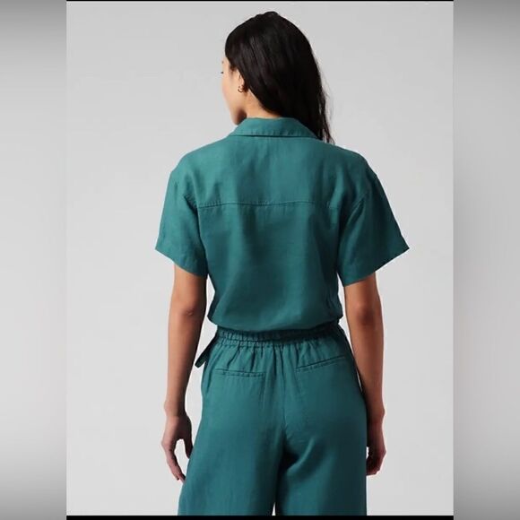Athleta Women’s Tie Top Short Sleeve 100% Linen Borealis Green Size Large $79 - Picture 3 of 15
